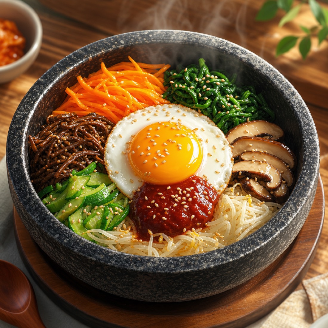 Korean bibimbap rice bowl with fried egg and vegetables