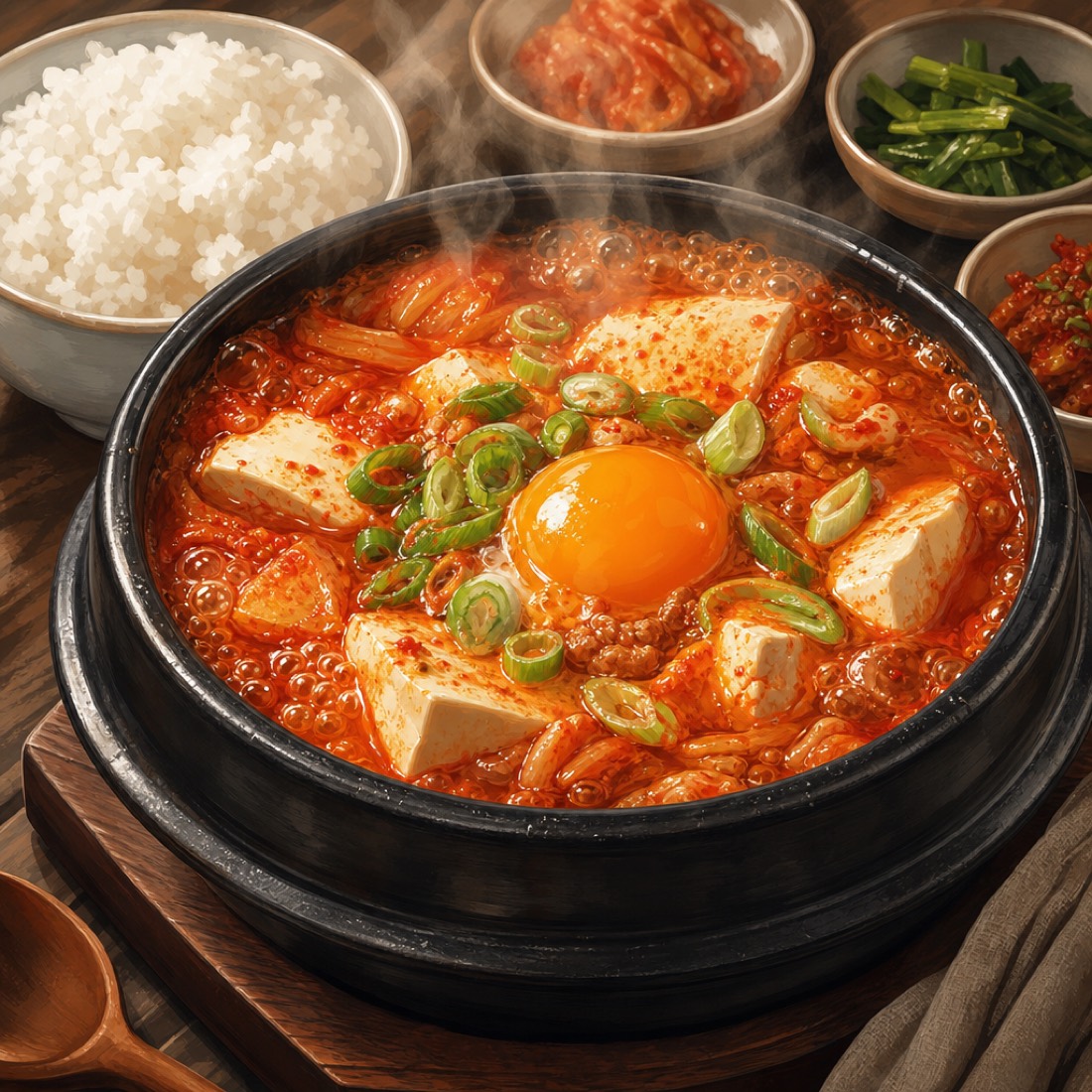 Korean kimchi soft tofu stew bubbling in a stone pot